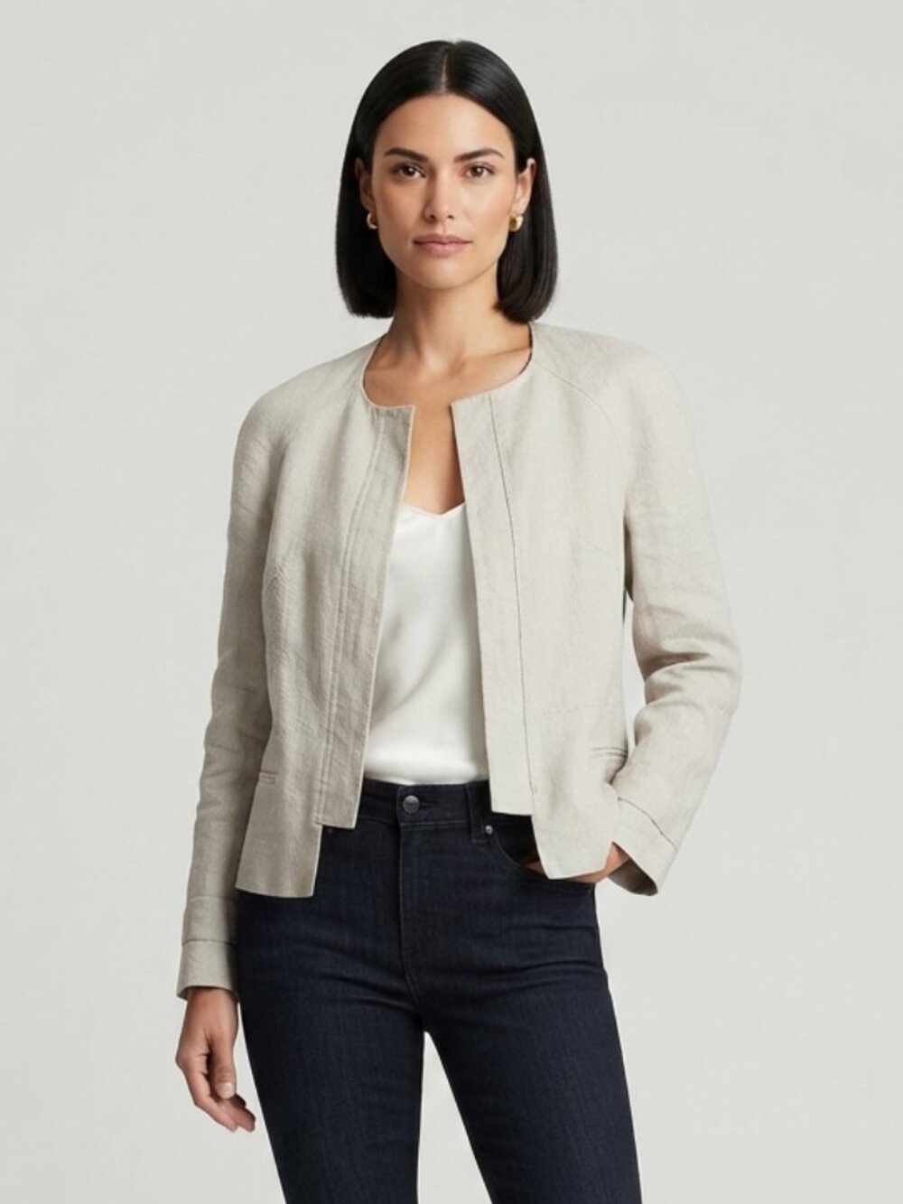 Saudra Angelucci Women's Beige Linen Blend Open Front Blazer Jacket Size 36